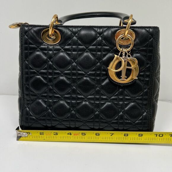 CHRISTIAN DIOR Lady Cannage Hand Tote Bag Leather Black Gold - Picture 11 of 13